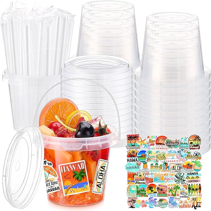 Funnymoom 30 Sets Clear Plastic Cups 24 oz Ice Cream Buckets with Lids & Straws Disposable Drink Cups Cocktail Pails Bulk with Handles and Stickers for Outdoor Beach Birthday Pool Party(Hawaii)