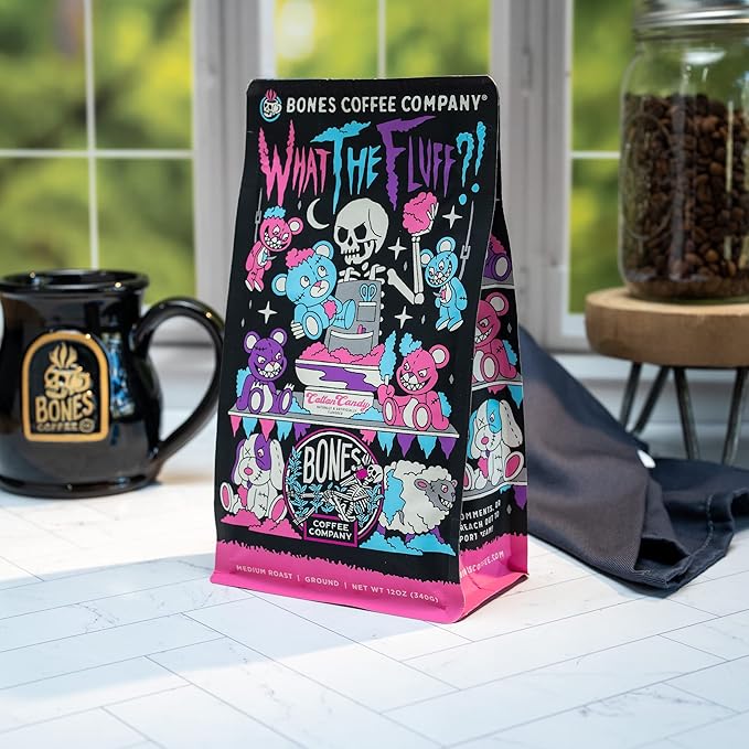 Bones Coffee Company What the Fluff?! Berry Cotton Candy Flavored Coffee, Medium Roast Low Acid Arabica Beans Compatible with Auto drip and French Press Coffee Maker, 12 Oz Ground