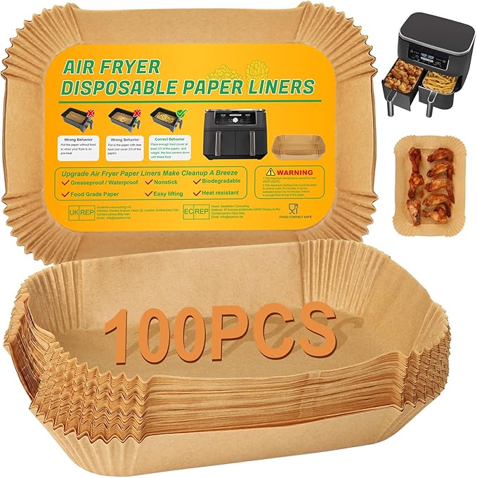 BYKITCHEN Air Fryer Disposable Paper Liners for Ninja Dual Airfryer, 100PCS Rectangle Air Fryer Parchment Paper Sheets for Ninja DZ201/DZ401/DZ550/SL401 & More, Ninja Airfryer Double Stack Accessories