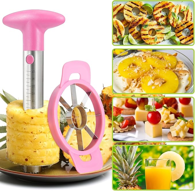 OOKUU Pineapple Corer, Stainless Steel Pineapple Peeler Slicer with Reinforced Thicker Blade, Measure Marked Core Remover, Pink