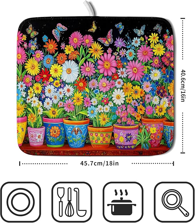 Colorful Floral Dish Drying Mat 16 X 18 Black Spring Flowers Absorbent Microfiber Kitchen Decor Counter Mats