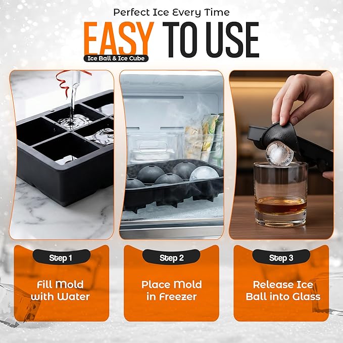 Ice Molds for Freezer with Lid – Silicone Ice Ball Mold for Whiskey & Cocktails, Slow Melting Round Ice Balls, BPA Free Flexible Ice Tray, Easy Release (black)