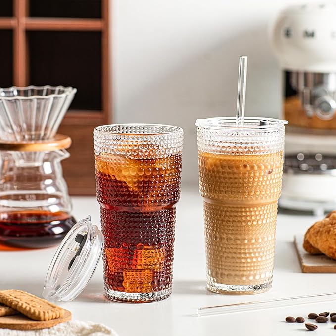 INSETLAN 20oz Hobnail Glass Cups with Lids and Glass Straws – 2 Pieces, Thick-Walled Glass Tumblers for Iced Coffee, Smoothies, Milk, Water, Juice, and More – Elegant and Durable Drinking Glasses