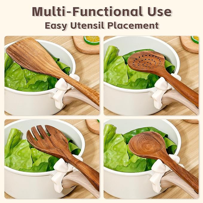 Koythin 3-Piece Bow Silicone Spoon Rest and Spatula Holder, Cute Spoon Rest for Kitchen Counter, Bow Shaped Cooking Holder and Steam Release, Drip-Free Kitchen Gadgets for Pots & Pans (White)