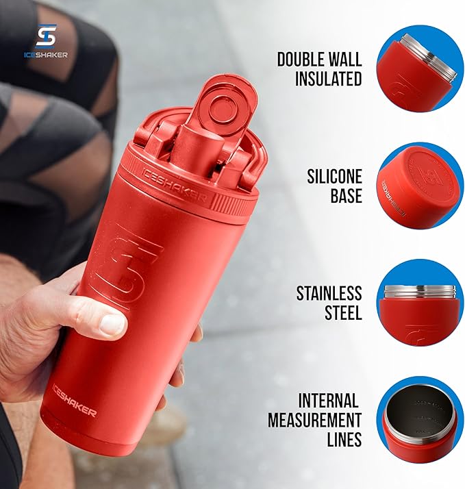 Ice Shaker Insulated Stainless Steel Shaker Bottle | 26oz, Red Color Rush | Cold for 30+ Hours | Insulated Cup with Twist-on Agitator | Odor-Free Bottle for Protein Shakes, Water, Smoothies, Cocktails