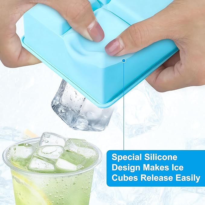 Large Silicone Ice Cube Tray 2Pack, Easy Release 2" Big Ice Cubes,Leak Proof Removable Lid Square Ice Cube Tray for Cocktail，Whiskey，Reusable Stackable Flexible Ice(Blue+Pink) (Blue)