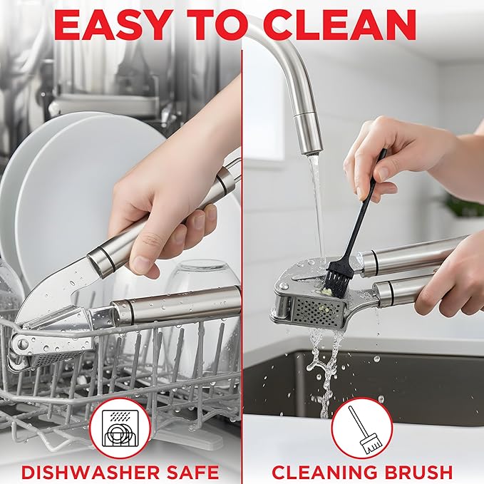 Alpha Grillers Garlic Press Stainless Steel - Easy to Clean, Rust-Proof, Dishwasher Safe - Stainless Steel Garlic Press, Mincer, Crusher with Silicone Peeler & Cleaning Brush