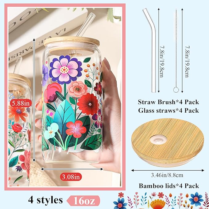 Mumufy 4 Pack Gift for Women Cute Glass Cup Tumbler Flower Iced Coffee Mugs 16 oz Glass with Bamboo Lid & Straw, Mothers Day Birthday Gift for Mom Sister Bridesmaid Baby Shower(Abstract Flower)