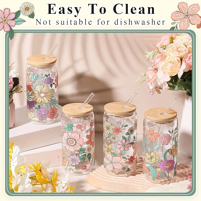 Mumufy 4 Pack Gift for Women Bohemian Flower Cute Glass Cup Tumbler Boho Floral Iced Coffee Mugs 16 oz Glass with Bamboo Lid & Straw, Mothers Day Birthday Gift for Mom Sister Bridesmaid Baby Shower
