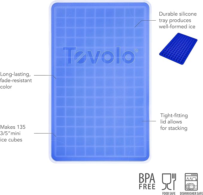 Tovolo Mini Ice Cube Tray with Lid (Stratus Blue) - Silicone Tray for Freezing Mini Ice/BPA-Free Silicone and Plastic (Pack of 2)