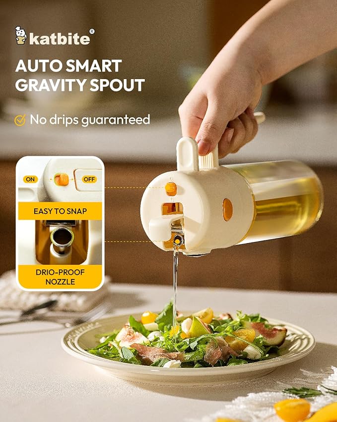 katbite 18.6 oz/550ml olive oil dispenser bottle for Cooking, 2 in 1 glass oil bottle and oil sprayer Non-Drip Leak-Proof Design, Fine Mist(0.5g/Spray) for Air Fryer, Salad, Yellow