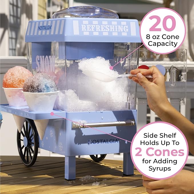 Nostalgia Snow Cone Machine – Retro Table-Top 8 Oz Snow Cone Maker Makes 20 ICY Treats– Countertop Slushie Machine Includes 2 Reusable Plastic Cups & Ice Scoop-Vintage Blue