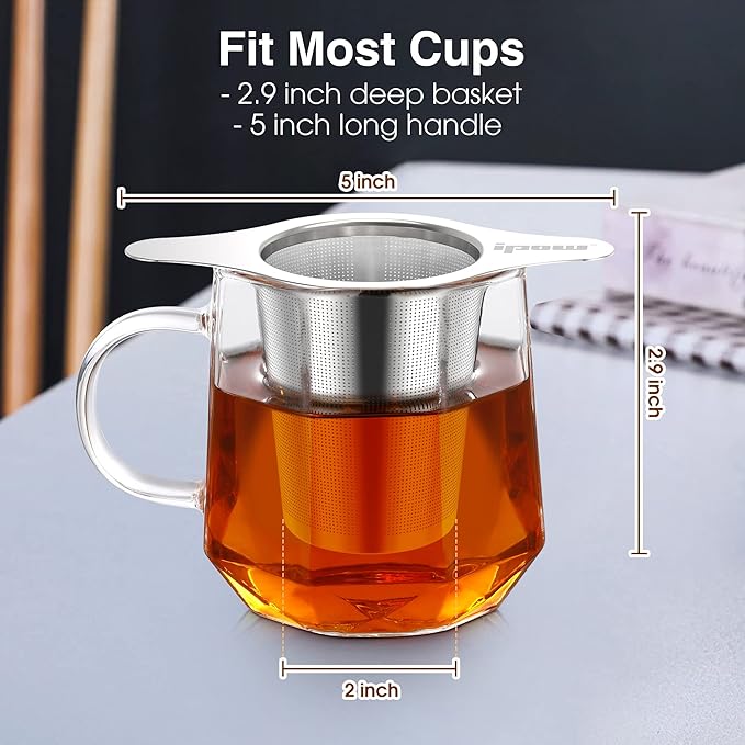 IPOW 2 Pack Extra Fine Mesh Coffee Filter with Coaster Lid and Double-sided Handle, Micron Mesh Tea Infuser for Loose Tea, Food-grade Stainless Steel
