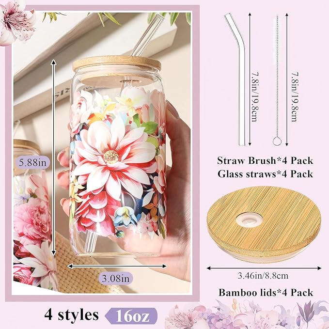 Mumufy 4 Pack Gift for Women Bloom Floral Elegant Glass Cup Tumbler Blooming Garden 16 oz Iced Coffee Glass with Bamboo Lid & Straw, Mothers Day Birthday Gift for Mom Sister Bridesmaid Baby Shower