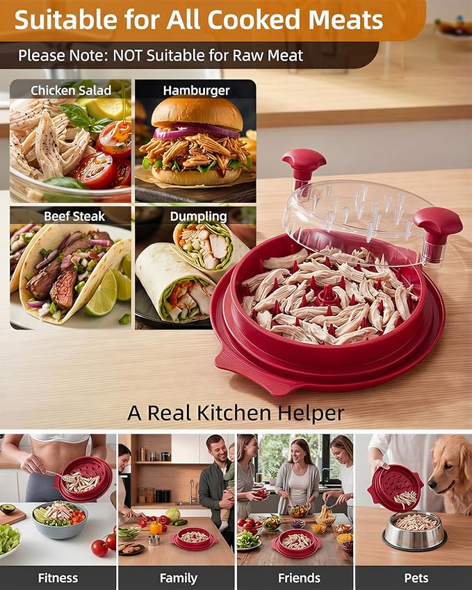 10" Chicken Shredder with Tray, Large Meat Shredder Tool Twist with Brush,BPA Free Meat Grinder, Visible Chicken Shredder Machine, Strong Anti-Slip Strip, Suitable for Pork, Beef, Chicken (Red)