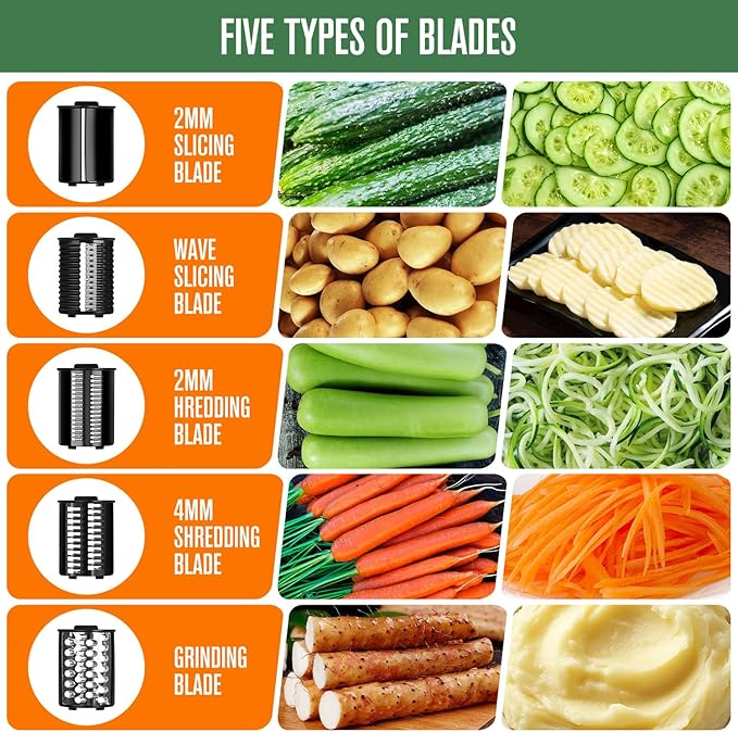 Electric Vegetables Slicer Cheese Shredder, 5-in-1 250W Professional Automatic Salad Fruits Maker Shooter Chopper Machine Kitchen Cutter Grater Food Processor with 5 Different Blades