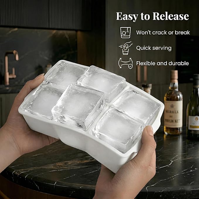 KitchFort Large Silicone Ice Cube Tray (2-Pack), Easy Release 2" Big Ice Cubes - Cocktail, Whiskey Ice Cubes Mold - Ice Trays for Freezer with Lid - Stackable Silicone Ice Tray - White