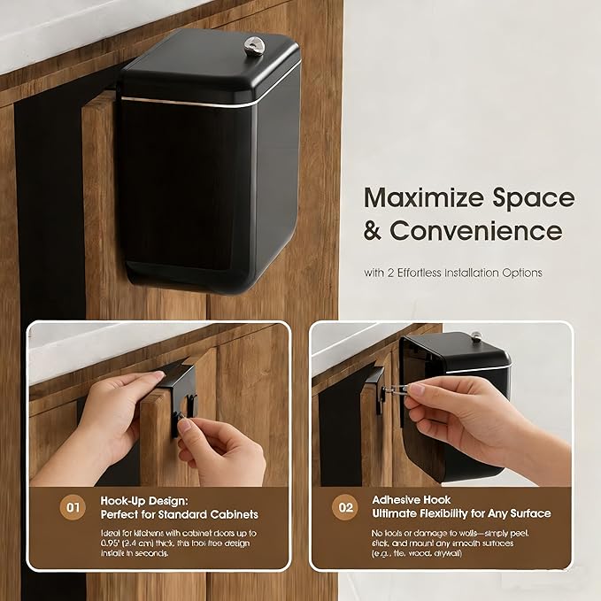 Large 3.2 Gallon Compost Bin, Under Sink Trash Can with Lid, Hanging Waste Cabinet for Office Kitchen Cupboard Bathroom Bedroom, Both Black