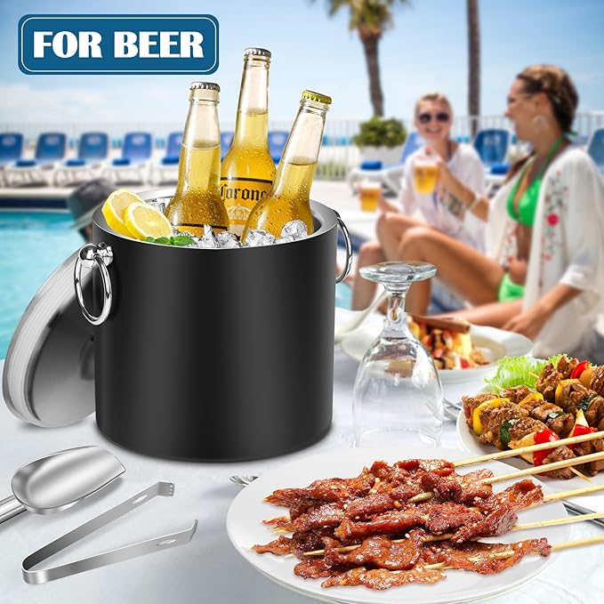 Ice Bucket with Lid & Tong- Well Made Insulated Stainless Steel Keep Ice Frozen Longer - Ideal for Cocktail Bar, Parties, Chilling Wine, Champagne - 3 Liter (Black)