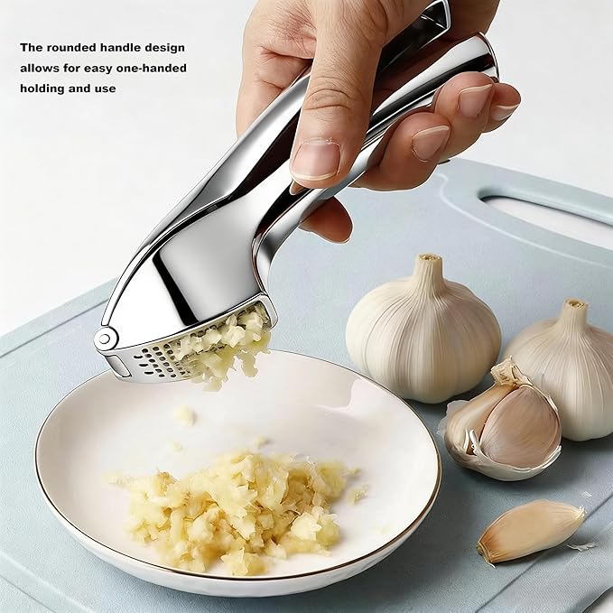 Garlic Press, Stainless Steel Garlic Crusher with Soft Ergonomic Handle, Rust-Proof Garlic Mincer Tool, Dishwasher Safe, Includes Silicone Garlic Peeler & Cleaning Brush