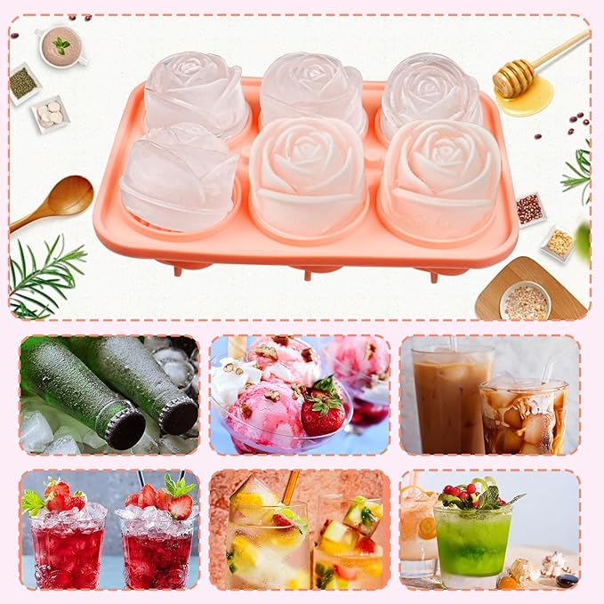 2 Pack 3D Rose Ice Cube Mold, Ice Cube Trays for Freezer with Lid, 6 Grid Silicone Easy Release Ice Trays, Rose Cute Ice Mold for Valentine's Day Gif, Date Drinks, Coffee, Whiskey, Cocktail (Pink)