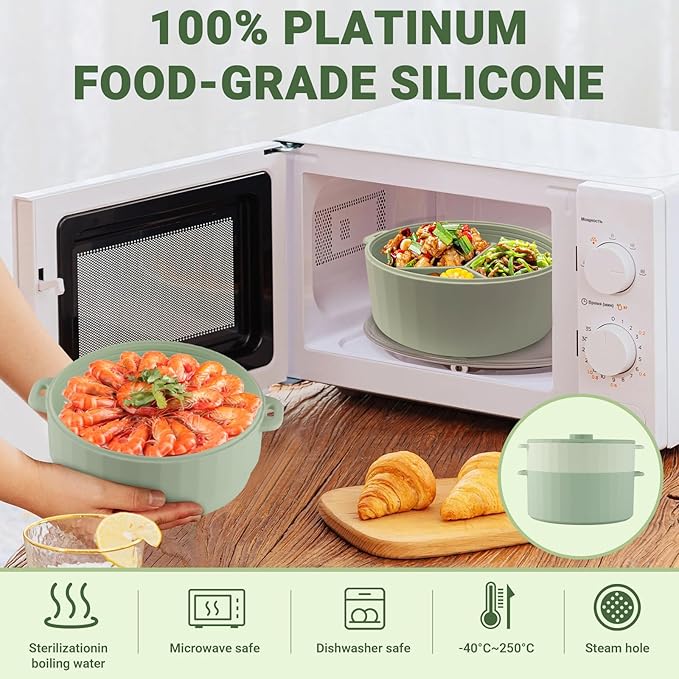 Silicone Microwave Steamer - Microwave Pot Steamer Basket Bowl for Baby Food, Vegetables & Dumplings, Compact & Lightweight Design, Oven & Dishwasher Safe (Green, Double-Layer)