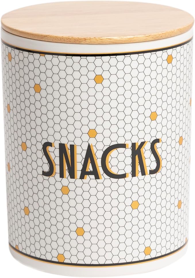 Pearhead Ceramic Dog Treat Jar with Wooden Lid – Bistro Tile Dog Biscuit Container for Countertop, Airtight Stoneware Pet Treat Storage Canister for Puppy Treats & Training Rewards