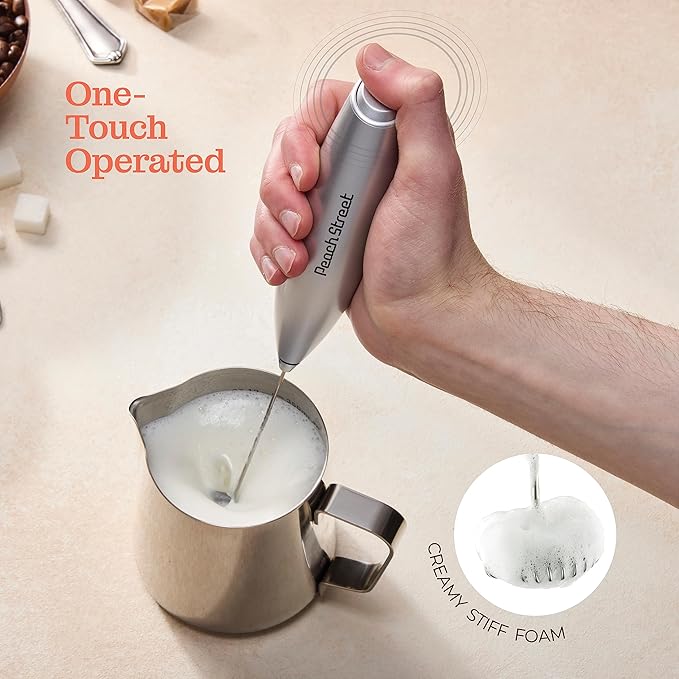 Powerful Handheld Milk Frother, Mini Milk Foamer, Battery Operated (Not included) Stainless Steel Drink Mixer with Frother Stand for Coffee, Lattes, Cappuccino, Frappe, Matcha, Hot Chocolate.