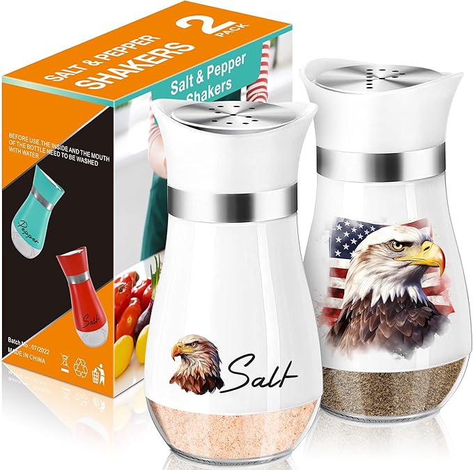 Salt and Pepper Shakers Set,4 oz Glass Bottom Salt Pepper Shaker with Stainless Steel Lid,4th of July Decorations for Kitchen Home Refillable Design