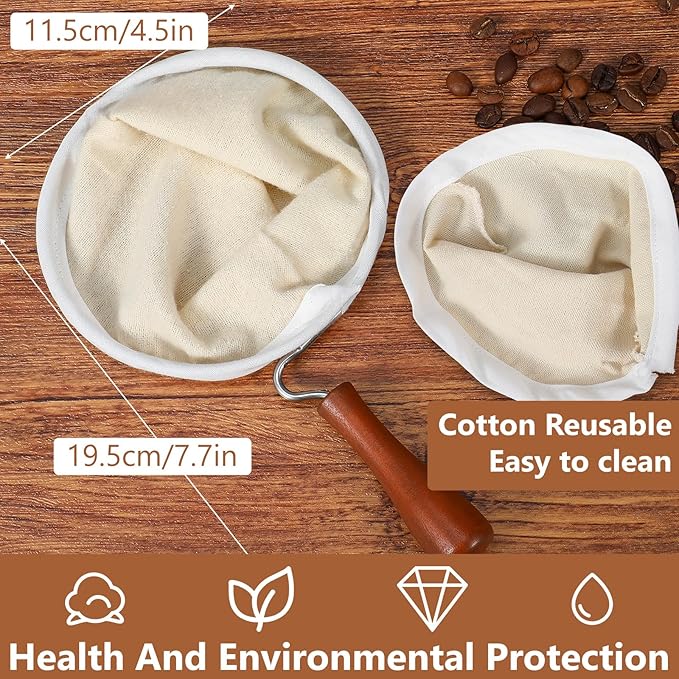 Flannel Cloth Coffee Filter with Wooden Handle, Reusable Handmade Coffee Filter, Washable Coffees Sock Strainer for Coffees Lover Home Café Use