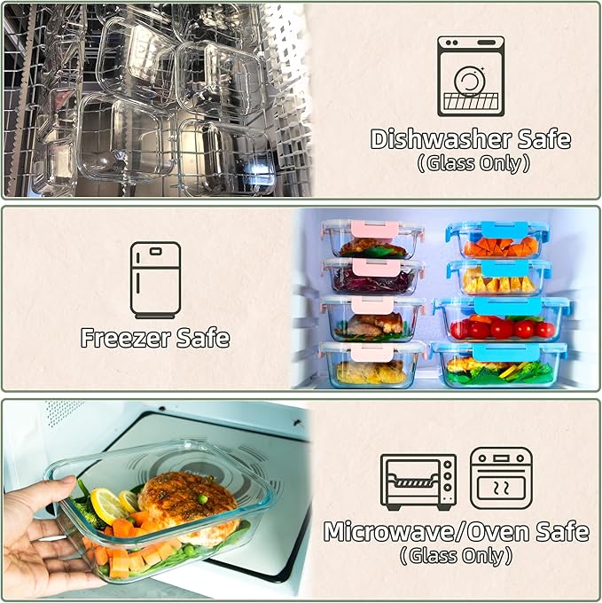 UMEIED 10 PACK Glass Food Storage Containers with Leak Proof Lids, Glass Airtight Meal Prep Containers Set for Lunch, On the Go, Leftover, Kitchen Pantry Organizers and Storage (Pink)