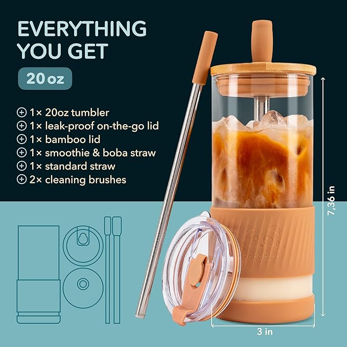 Pandaloo® Glass Cups With Lids and Straws -20 Fl Oz- Perfect Size Iced Coffee Cup - Smoothie Cup With Bamboo Lid and On the go Lid - Glass Tumbler With Straw (1 Count (Pack of 1), Amber Sand)
