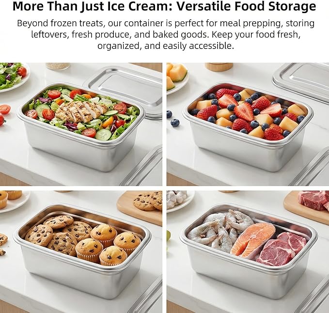 Hemoton Reusable Ice Cream Storage Containers with Lids Stainless Steel Food Keeper Freezer Box Insulated Ice Cream Tub for Refrigerator Home Made Ice Cream, 0.76 Quart Airtight Box for Frozen Yogurt