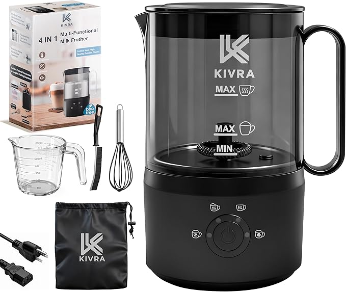 KIVRA Milk Frother and Steamer 350ml | 4 Mode cold foam maker for Hot and Cold Drinks | Durable Non Stick Milk Frother for Coffee Lovers – Includes 1x Whisk, Measuring Cup, String Bag & Brush