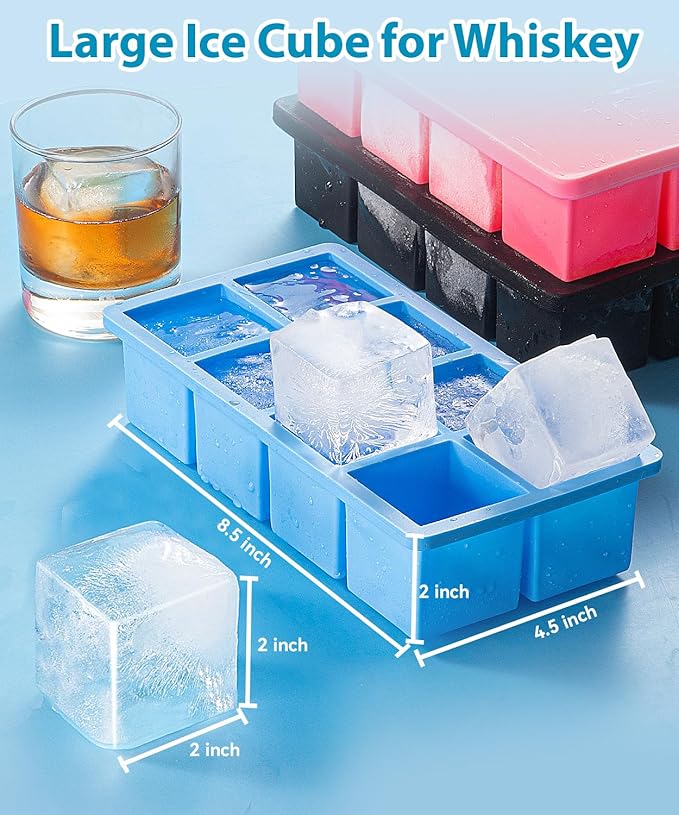2-Pack Large Ice Cube Trays, Lxndaser 2 Inch Silicone Ice Cube Molds With Lid For Whisky, Leakproof Stackable Design Big Square Silicone Ice molds for Iced Coffee, Bourbon, Scotch,soup