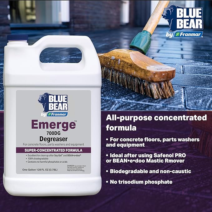 BLUE BEAR 700DG: Emerge Degreaser – Low-Odor, Biodegradable Cleaner Removes Oil, Grease, Dirt & Grime from Concrete, Tile, Wood, Stone & Tools – Safe for Heavy-Duty & Everyday Cleaning – 1 Gal