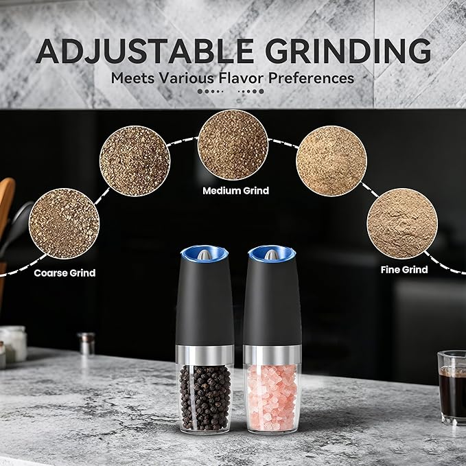 UNNEES Gravity Electric Salt and Pepper Grinder set of 2, Automatic Salt And Pepper Grinder Set, Adjustable Roughness, Battery Powered, LED Light, 2 Pack, (Black)