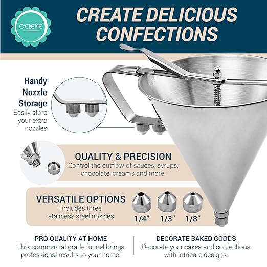 Stainless Steel Confectionery Funnel Dispenser with Precision Nozzles – Includes 1/8", 1/4", and 1/3" Tips – Ideal for Chocolate, Sauces, Batter, and Pastry Work