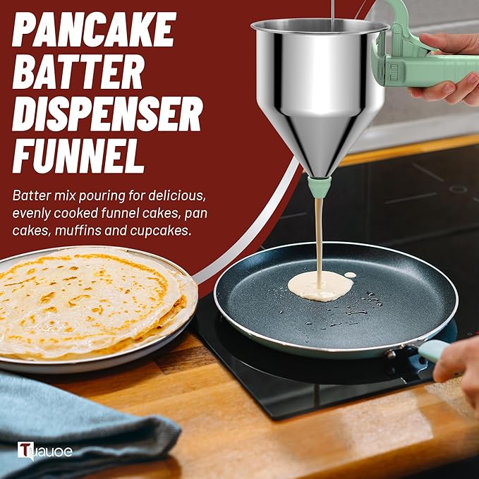Stainless Steel Pancake Batter Dispenser, 40oz Batter Dispenser with Squeeze Handle, Great for Pancakes, Cupcake, Waffle or Any Baked Goods, Durable, Leak-Free, Mint Green
