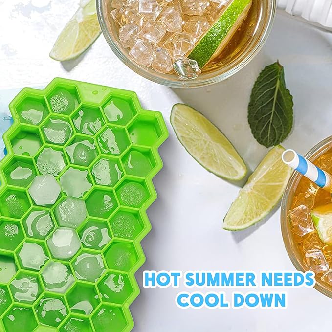 2 Pack Honeycomb Ice Cube Trays for Freezer Microwave(Blue and Green), Silicone Ice Cube Tray with Lid, 37 Hexagonal Silicone Molds, Reusable Ice Cube Mold for Whiskey, Cocktails, Homemade Cold Drinks