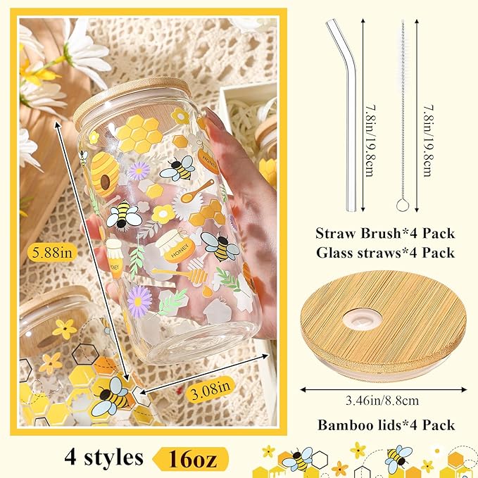 Mumufy 4 Pack Glass Cup with Bamboo Lid & Straw, 16 oz Iced Coffee Tumbler Set of 4, Honey Bee Floral Glass Cups, Reusable Clear Drinking Glasses for Iced Coffee, Tea, Smoothies, Gift for Women