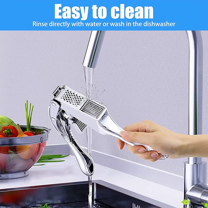 2-in-1 Garlic Cutter Stainless Steel Garlic Press with Ergonomic Non-Slip Handle for Fresh Garlic Ginger Nut Easy to Use & Clean