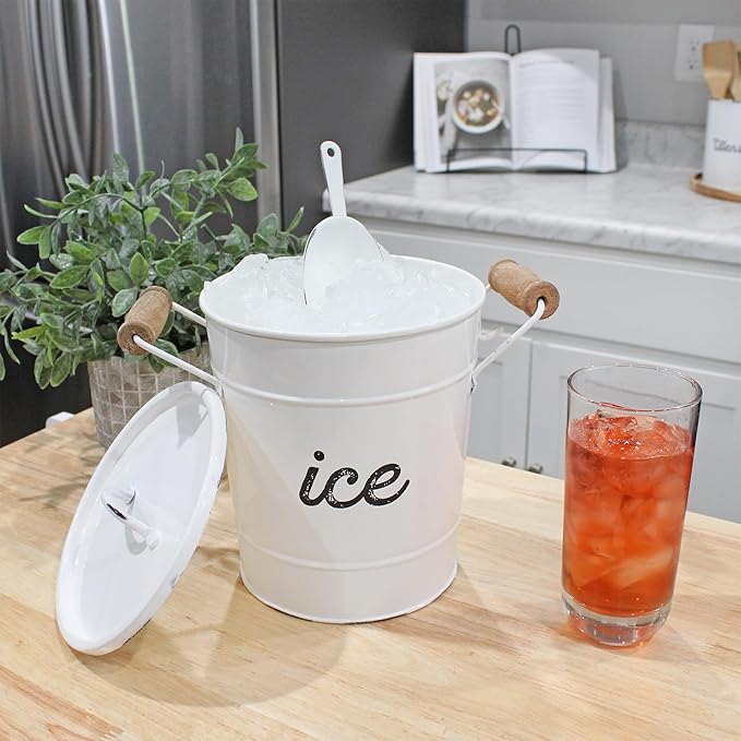 AuldHome Design Rustic Enamelware Ice Bucket; White Farmhouse Style Insulated Ice Server
