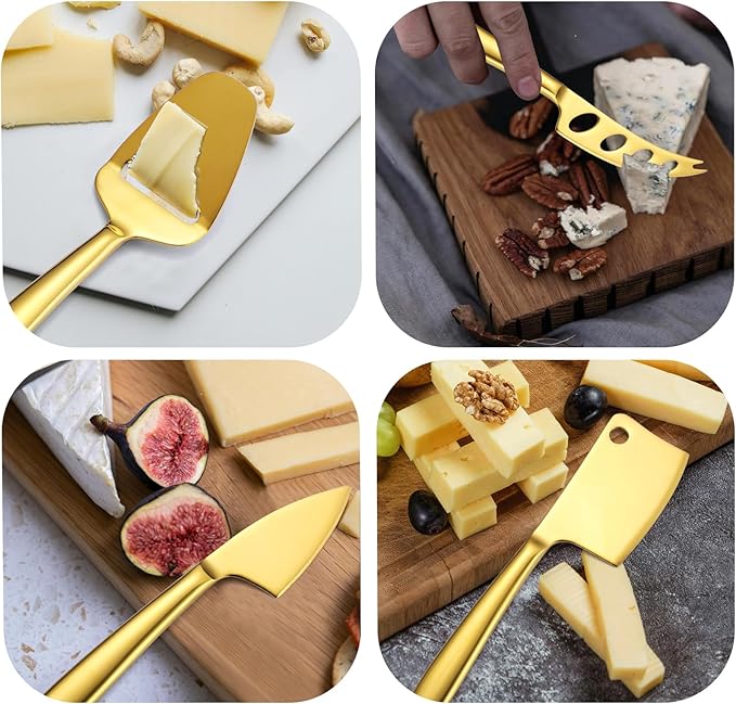 Gold Cheese Knives Silverware 8 Pieces include Dinning Knife Fork Spoon Stainless Steel Kitchen Cooking Gadget Tool Baking Utensils Multifunctional for Everyday Use and Parties