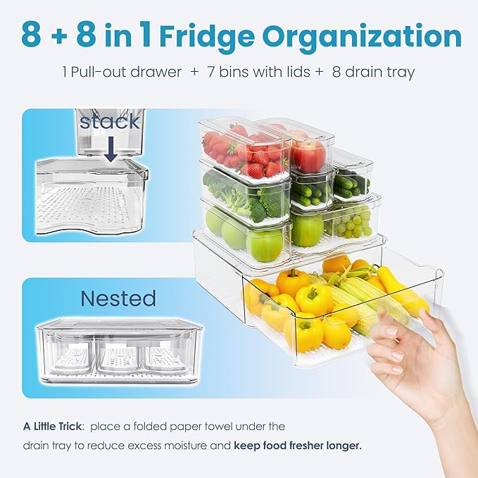 SMRCAD 8 Pack Refrigerator Organizers, Clear Pull-out Drawer Container and Organizer Bins with Lids, Stackable Storage Containers for Fruits, Vegetable (Set of 8 (Include Pull Out Drawer))