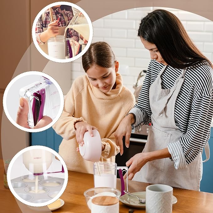 FillTouch 2 Pcs Cupcake Batter Dispenser Pancake Mix Dispenser 4 Cups with Squeeze Handle Tools for Pancake, Cupcake, Cookie, Cake, Waffles, Ice Cream Baking Gifts for Kitchen Housewarming (Purple)