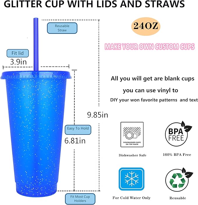 Suertestarry Tumbler with Straw and Lid,Water Bottle Iced Coffee Travel Mug Cup,Reusable Plastic Cups,Perfect for Parties,Birthdays… (Sparkling Glitter, 5pack)