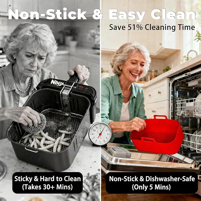 Silicone Air Fryer Liners for Ninja - Reusable DZ201 8QT Dual Basket - Rectangular 2-Pack Vacuum-Packed Easy-Clean Dishwasher-Safe Food-Safe for Home Chefs - Housewarming Gifts