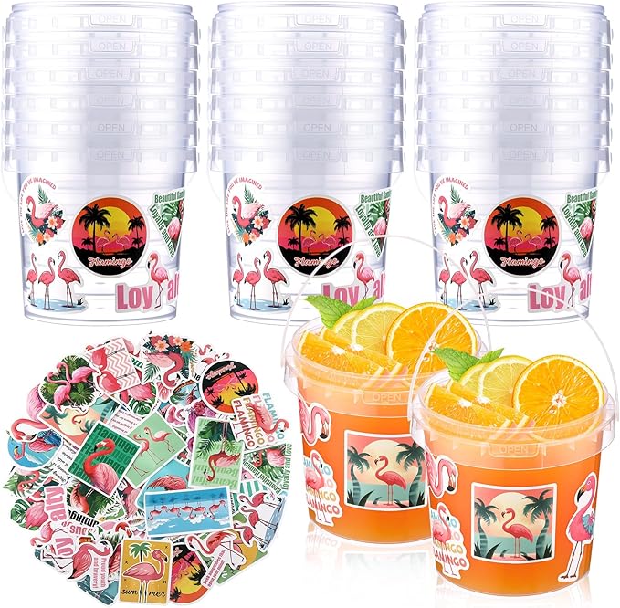 PerKoop 20 Pcs 32 oz Ice Cream Buckets with Lids and Handles Clear Cocktail Rum Buckets with Stickers Plastic Transparent Tub Reusable Food Storage Containers for Parties(Flamingo)