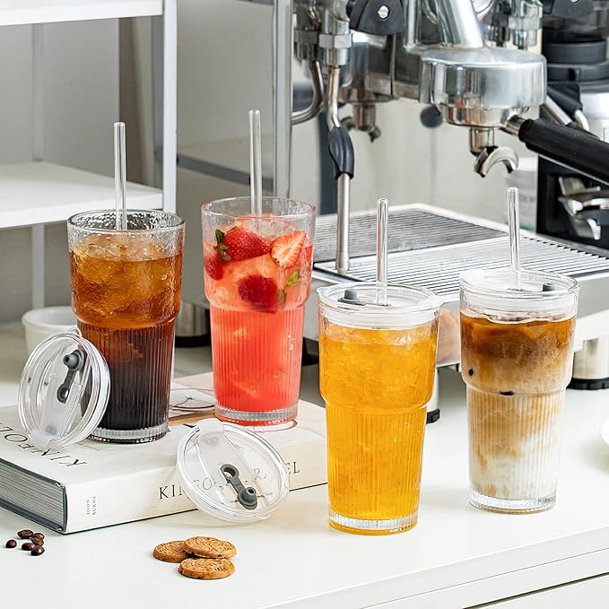 20oz Glass Tumblers with Lids and Straws, Set of 4 - Stylish Ribbed Design Drinking Glasses for Iced Coffee Cups, Juice, Smoothies, Cold Beverages, Includes Cleaning Brush, Durable Glassware